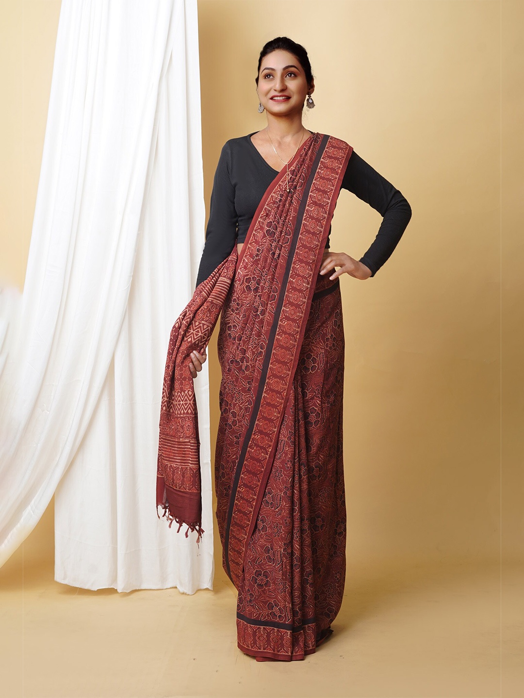 

Unnati Silks Ajrak Block Printed Chanderi Saree, Brown