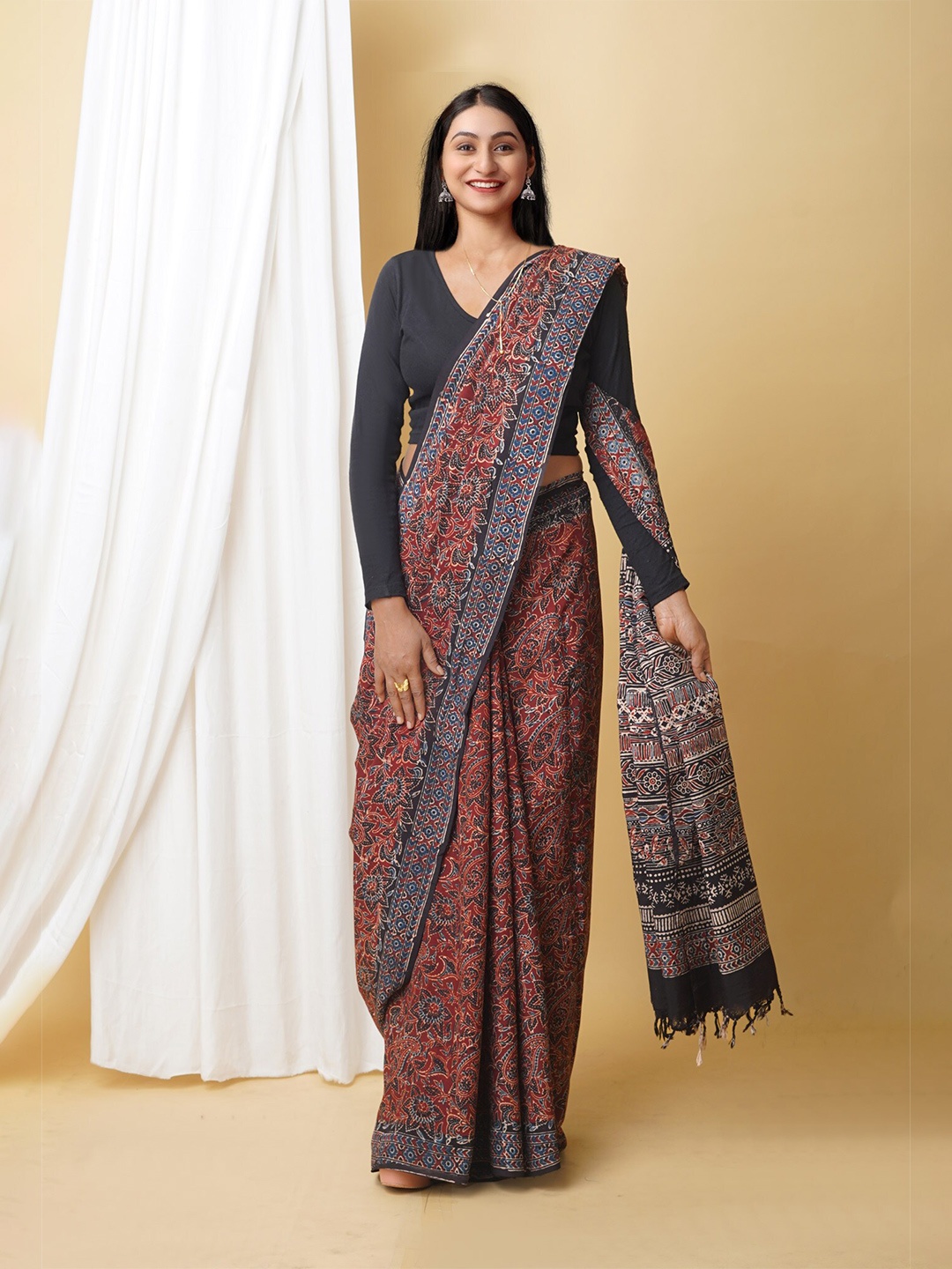

Unnati Silks Ajrak Block Printed Chanderi Saree, Brown