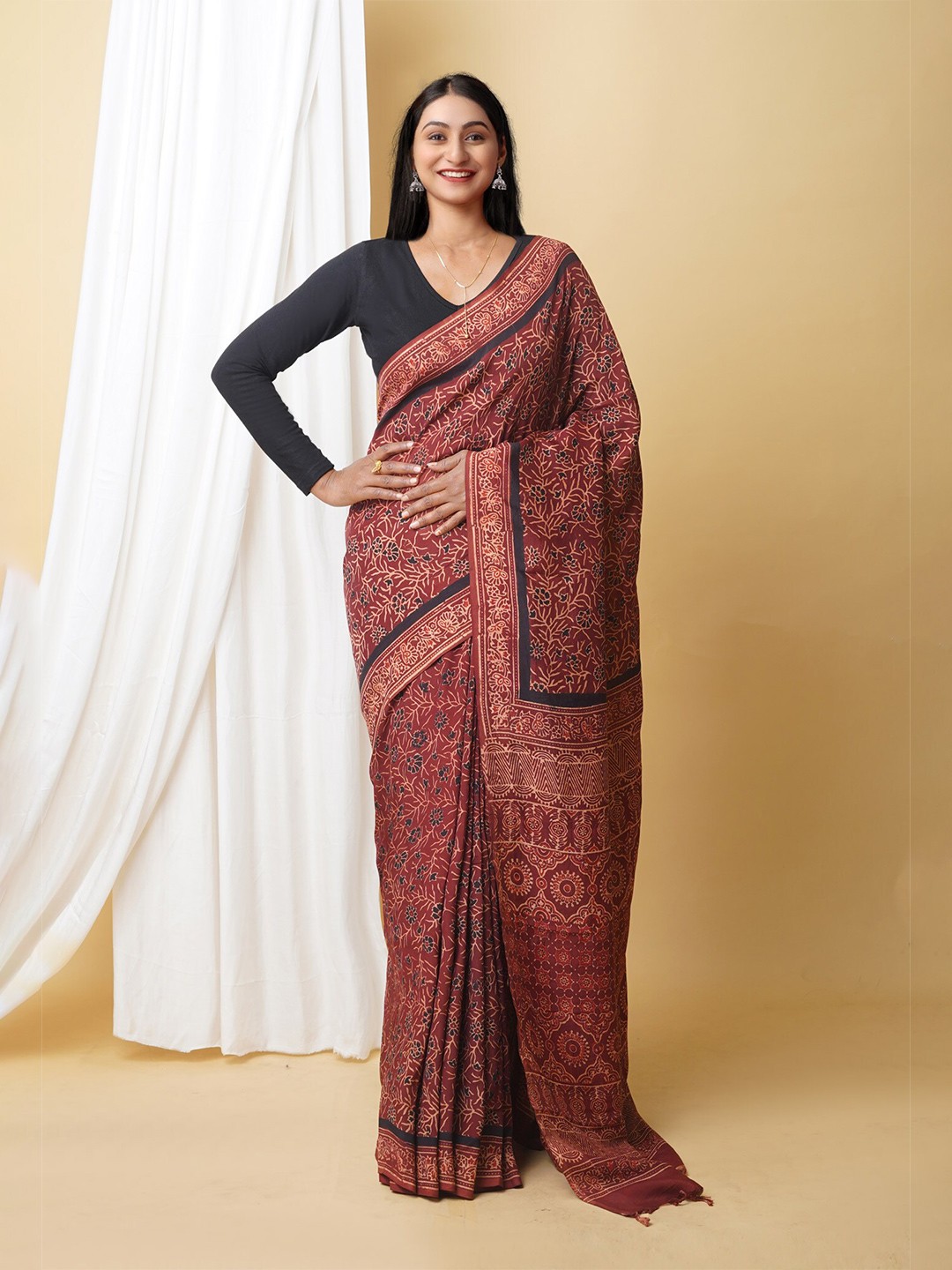 

Unnati Silks Ajrak Block Printed Chanderi Saree, Brown