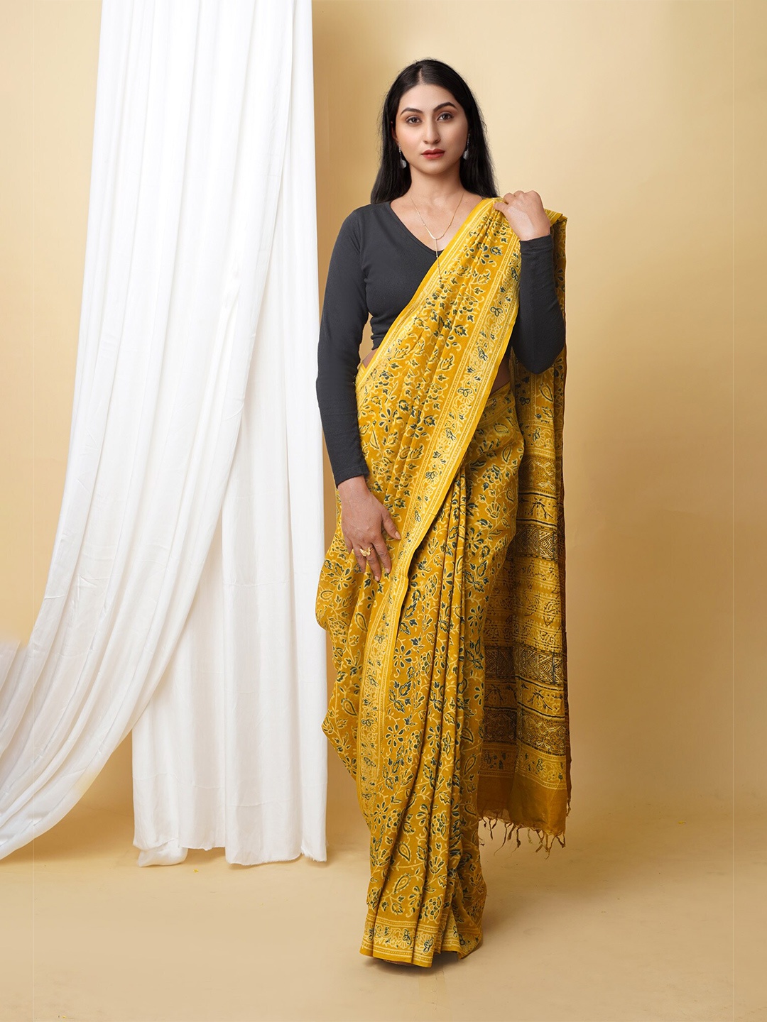 

Unnati Silks Ajrak Block Printed Chanderi Saree, Yellow