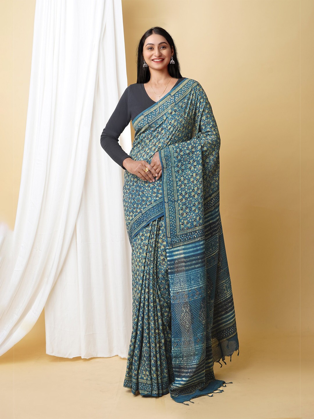 

Unnati Silks Ajrak Block Printed Chanderi Saree, Blue