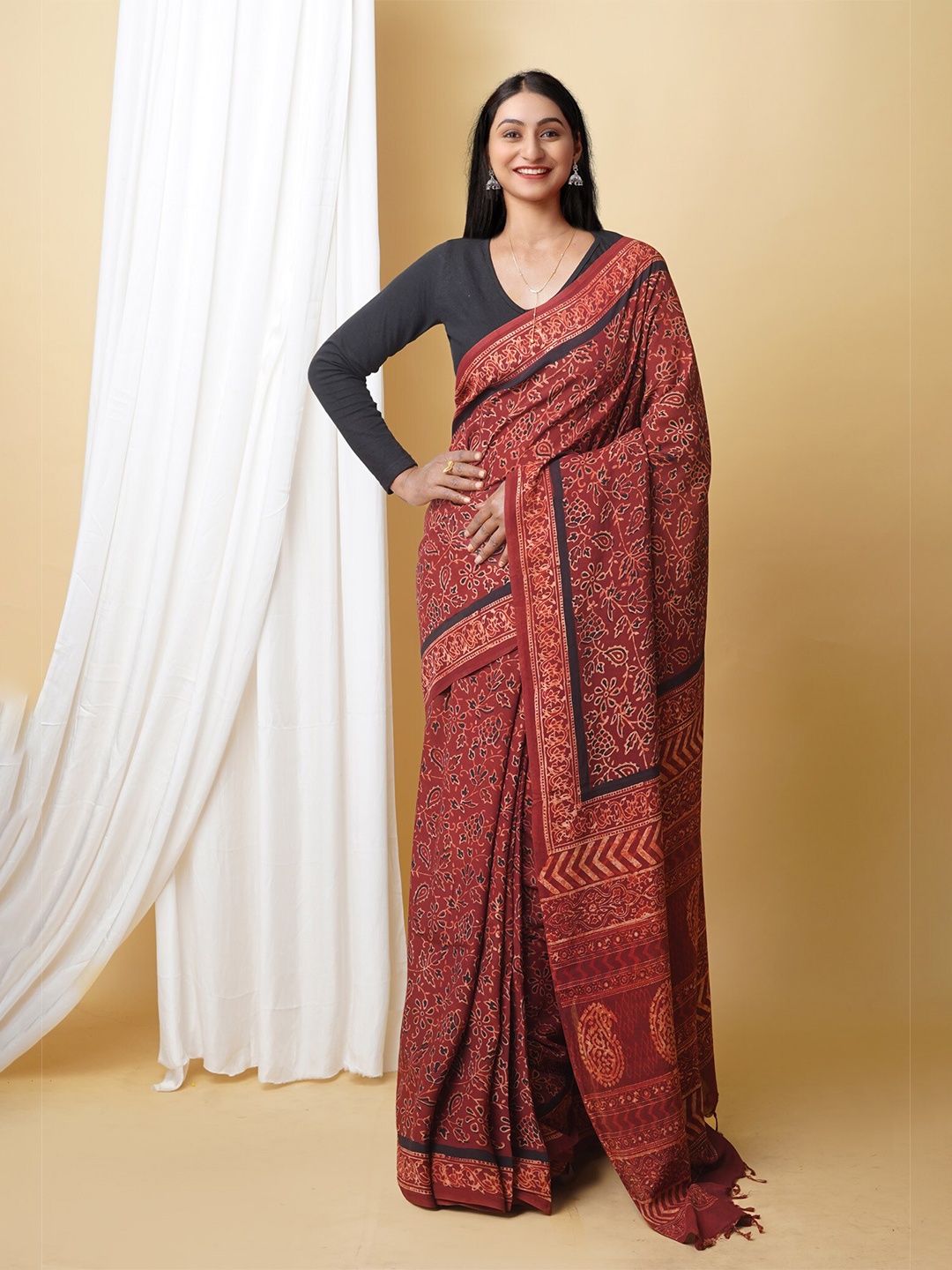 

Unnati Silks Ajrak Block Printed Chanderi Saree, Brown