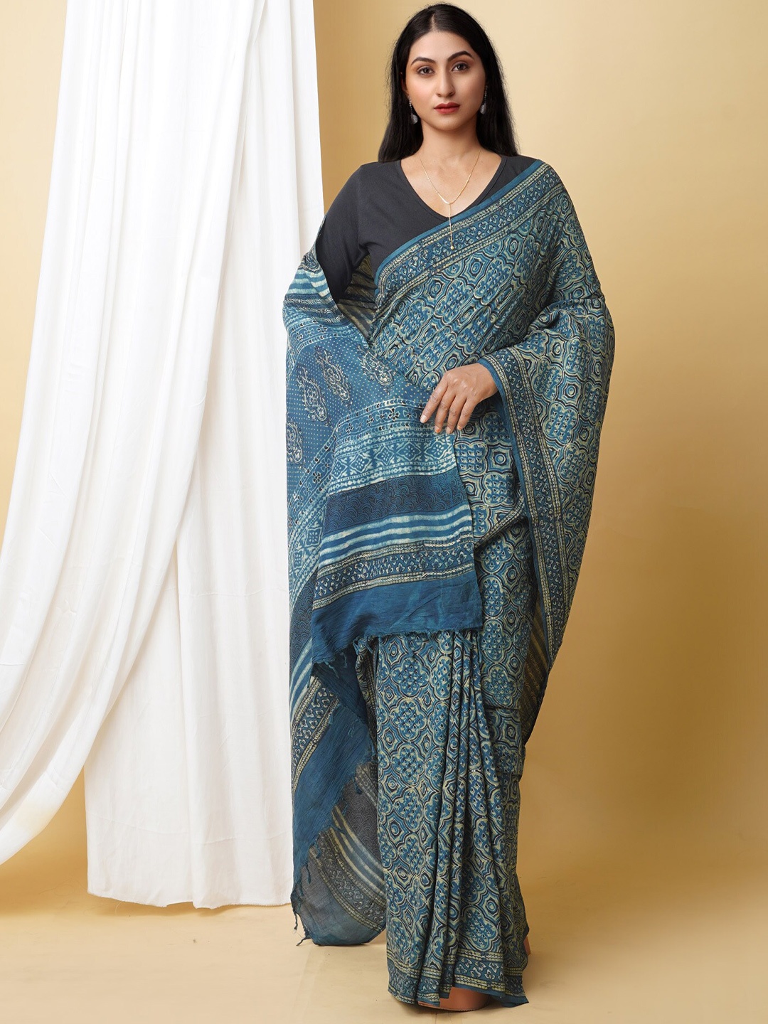 

Unnati Silks Ajrak Block Printed Chanderi Saree, Blue