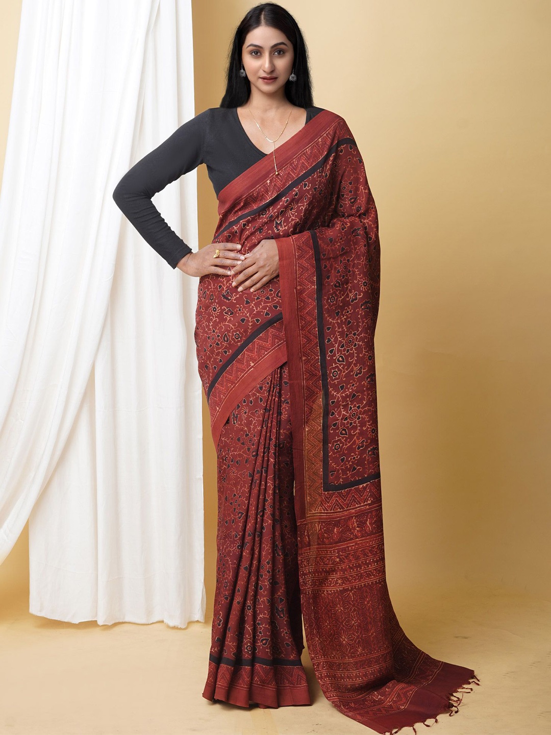 

Unnati Silks Ajrak Block Printed Chanderi Saree, Brown