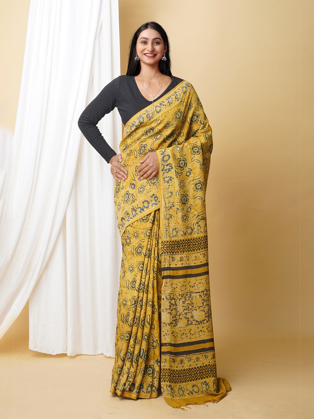 

Unnati Silks Ajrak Block Printed Chanderi Saree, Yellow