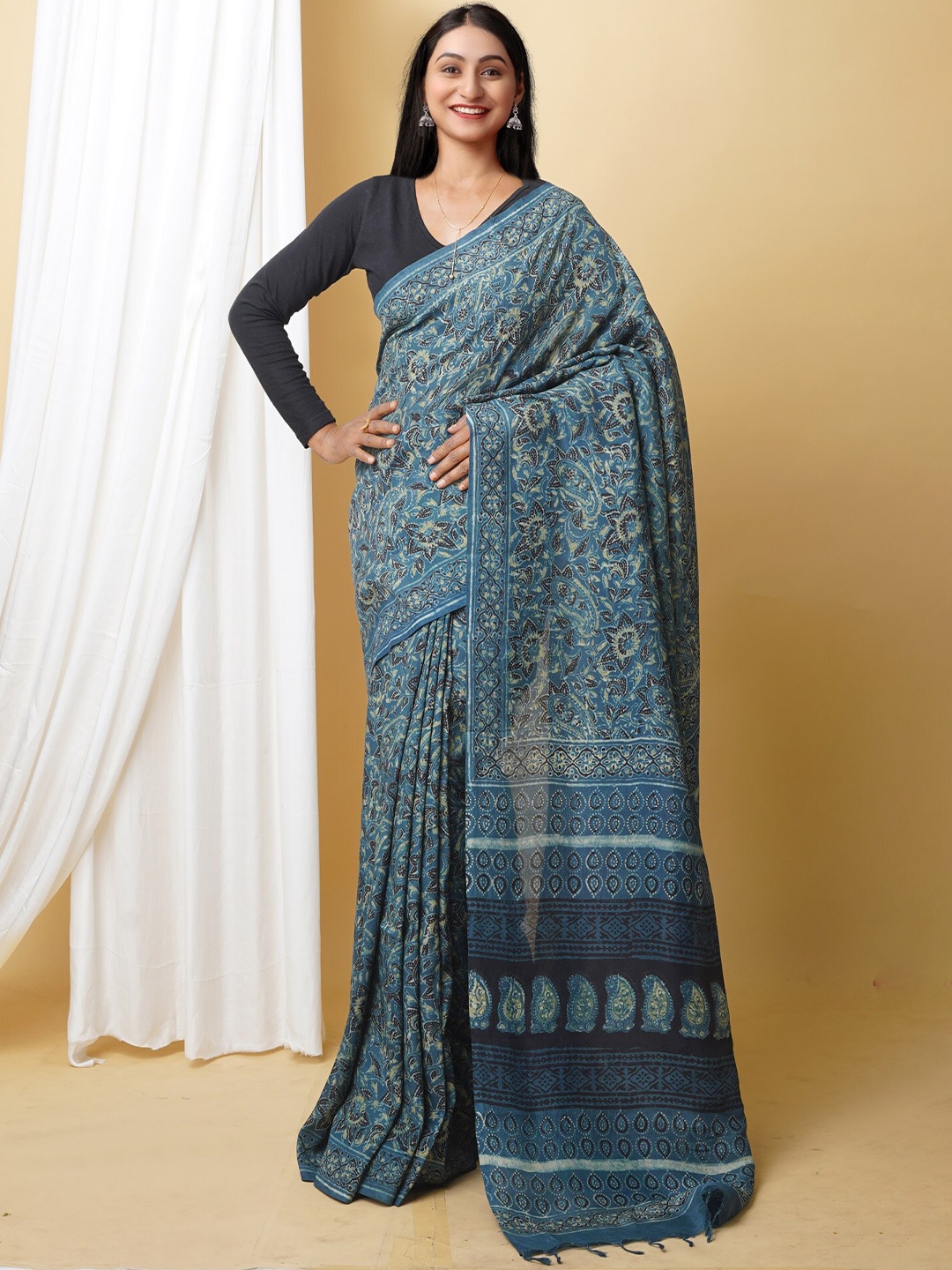 

Unnati Silks Ajrak Block Printed Chanderi Saree, Blue