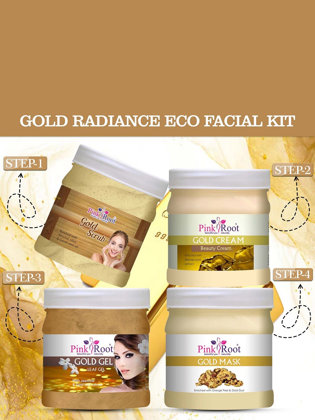 

Pink Root Gold Eco Scrub Cream Gel Mask Facial Kit-500gm Each, White