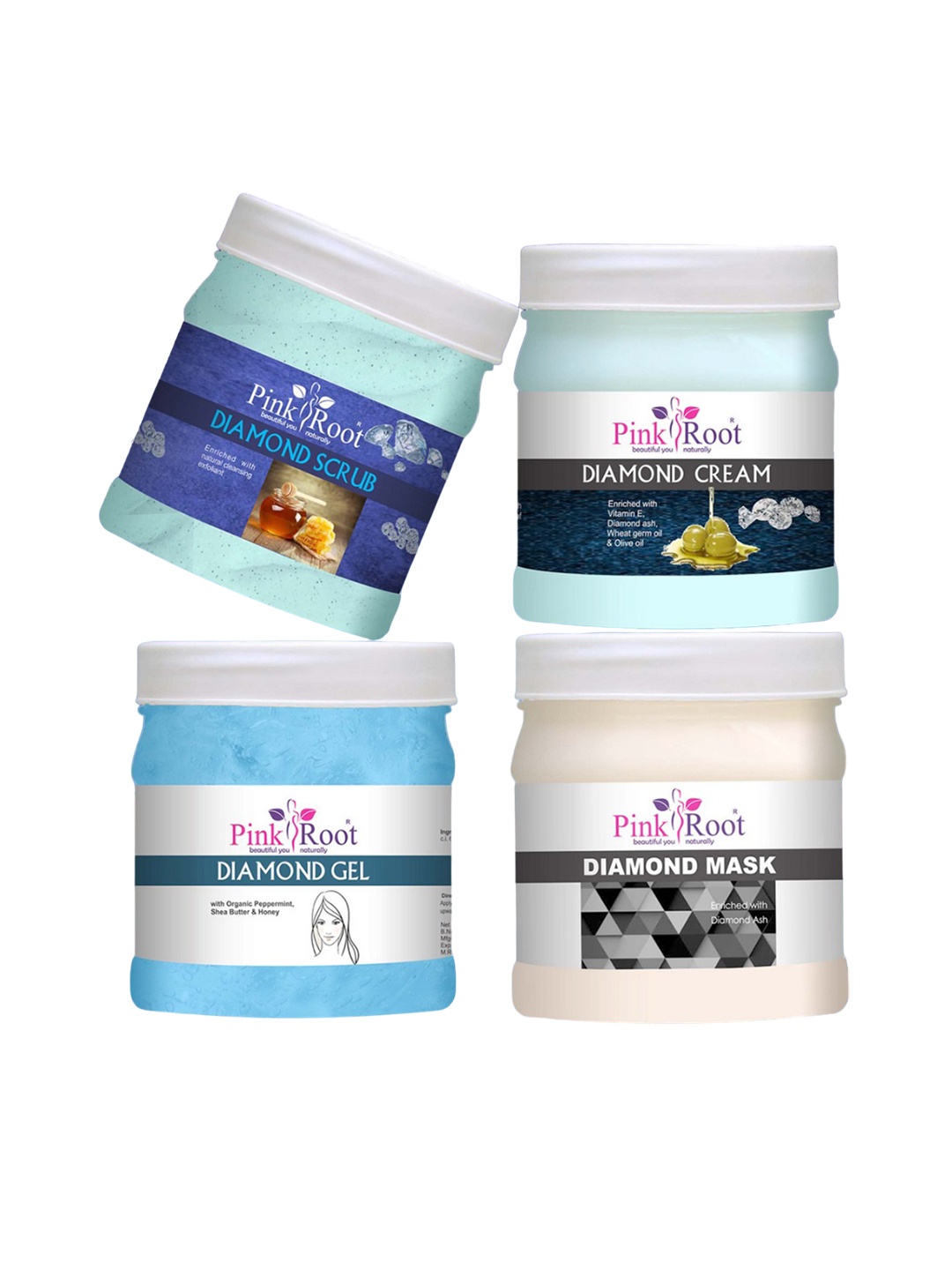 

Pink Root Diamond Eco Scrub Cream Gel Mask Facial Kit Skin Brightening Ubtan-500gm Each, White