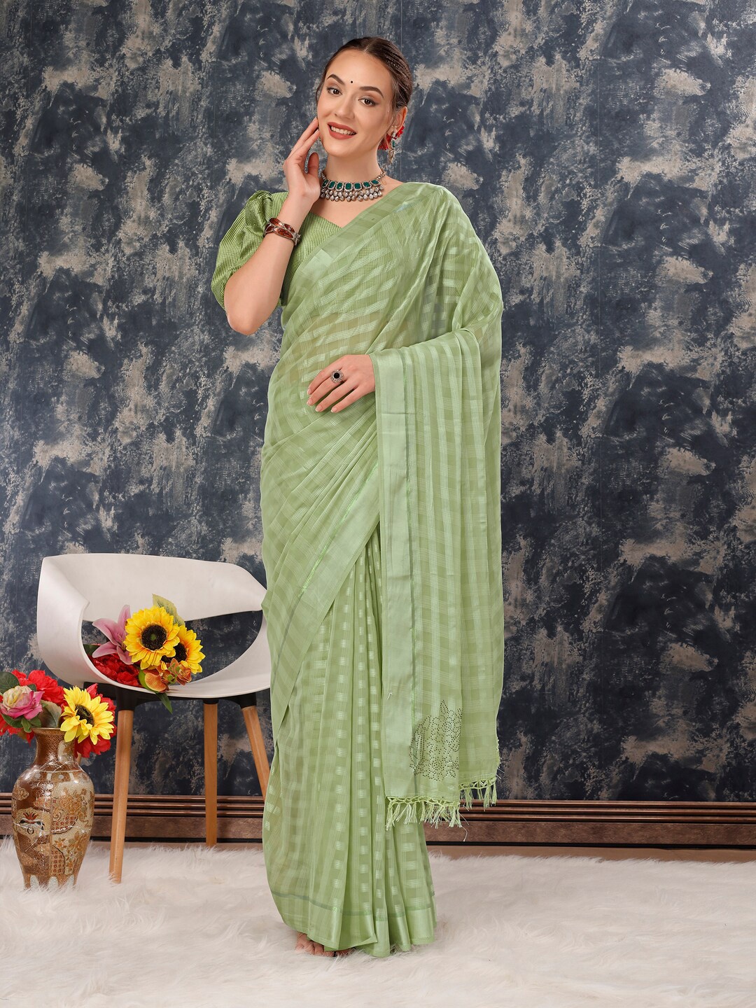 

KALINI Striped Pure Chiffon Saree, Green
