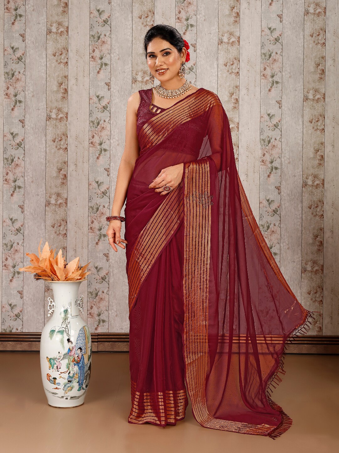 

KALINI Pure Chiffon Zari Saree, Maroon