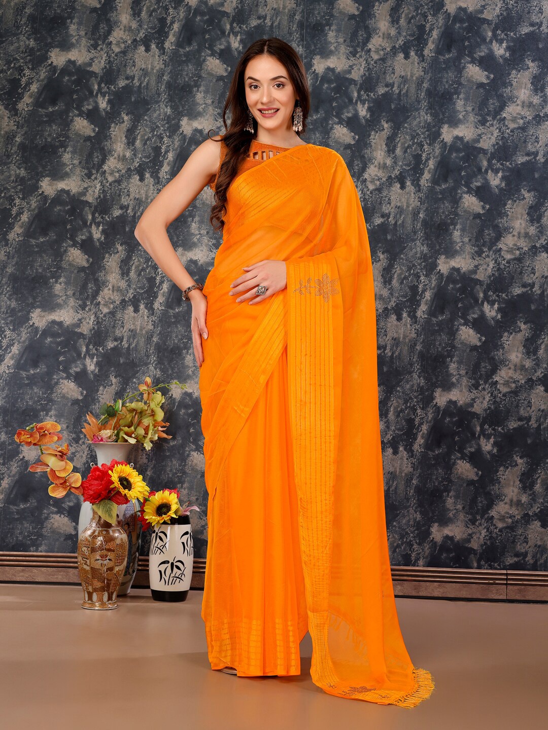 

KALINI Pure Chiffon Saree, Orange