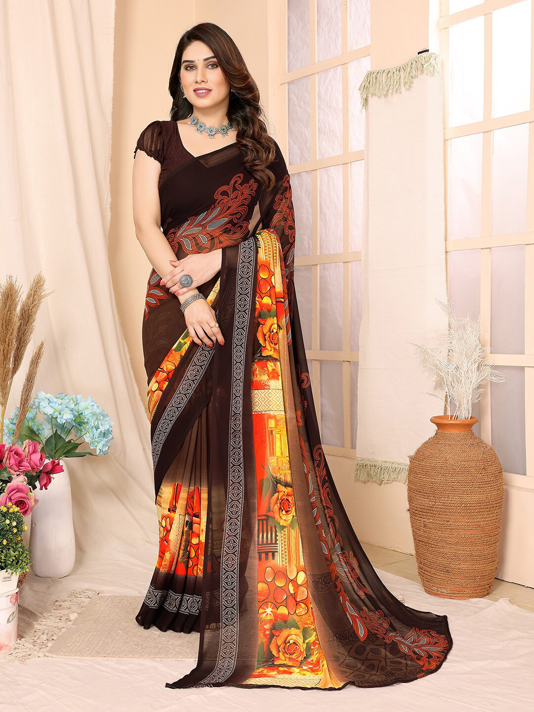 

ANAND SAREES Floral Printed Saree, Brown