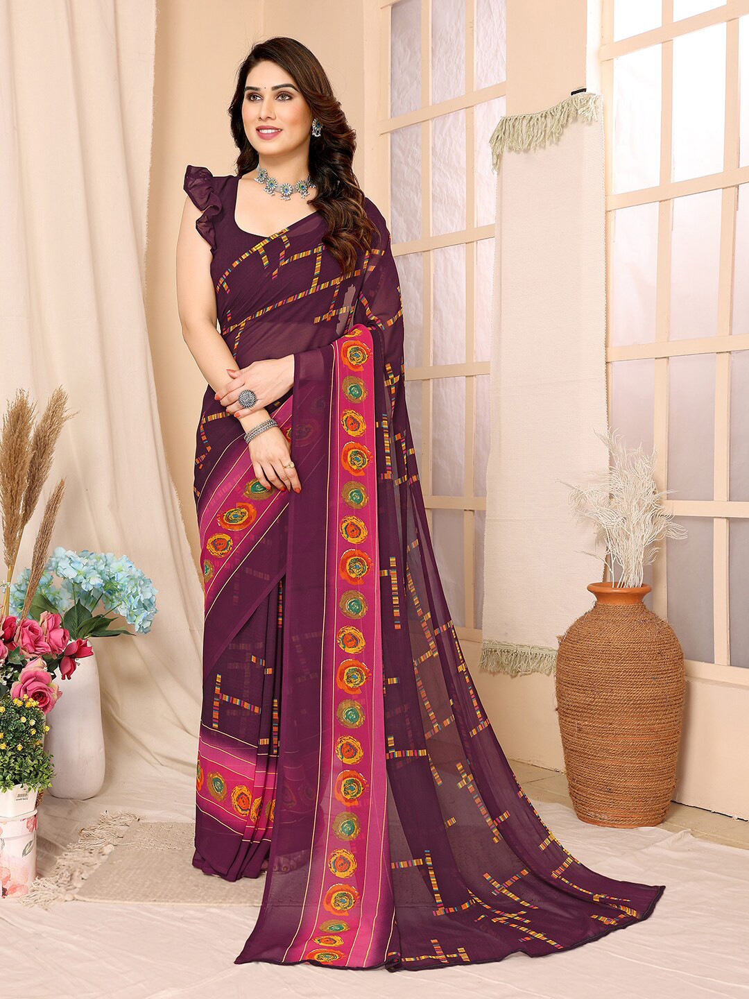 

ANAND SAREES Geometric Printed Saree, Purple
