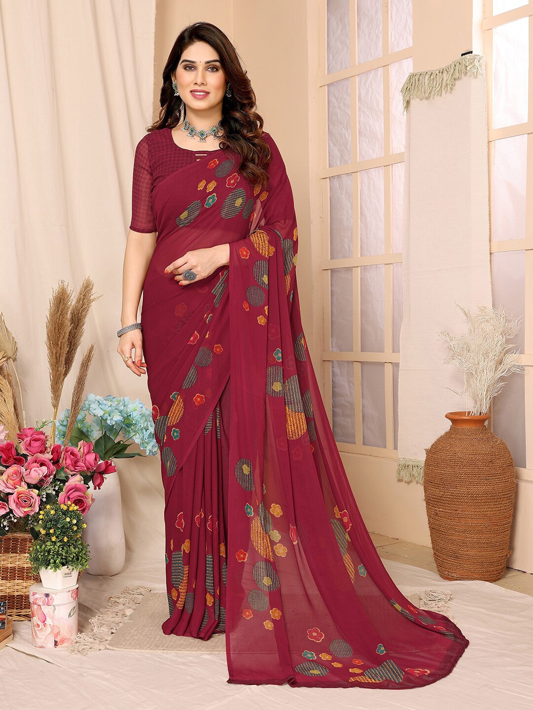 

ANAND SAREES Geometric Printed Saree, Maroon