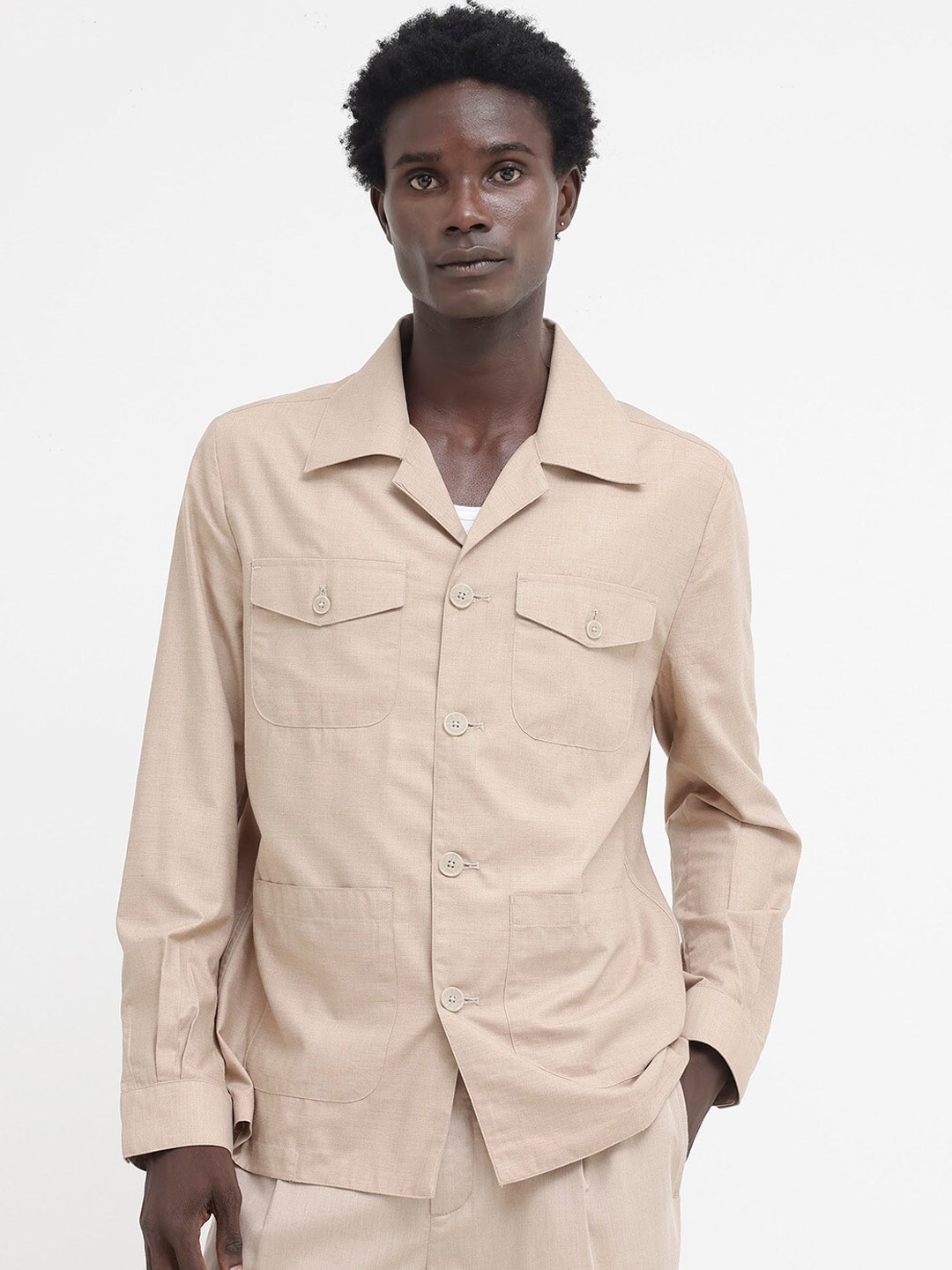 

RARE RABBIT Men Echos Spread Collar Long Sleeves Shackets, Beige