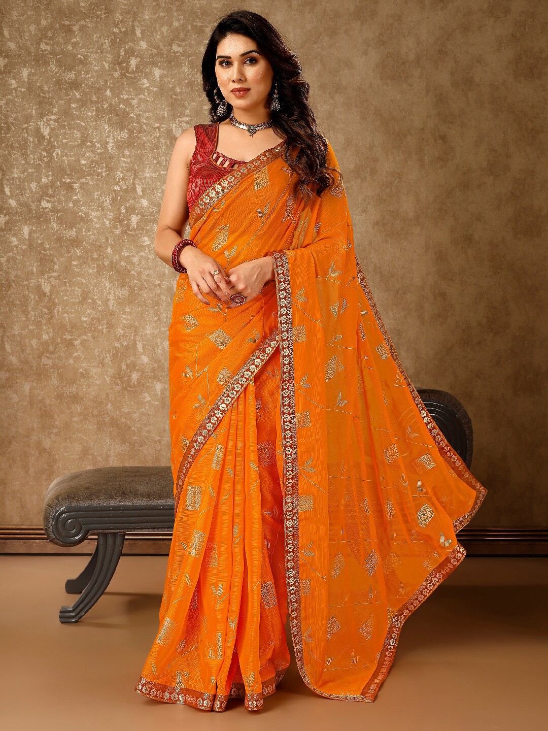 

KALINI Floral Embellished Pure Chiffon Saree, Orange