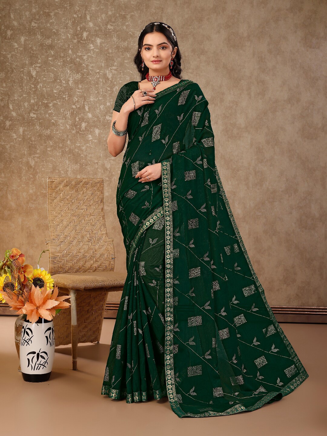 

KALINI Ethnic Motifs Woven design Pure Chiffon Designer Saree, Green