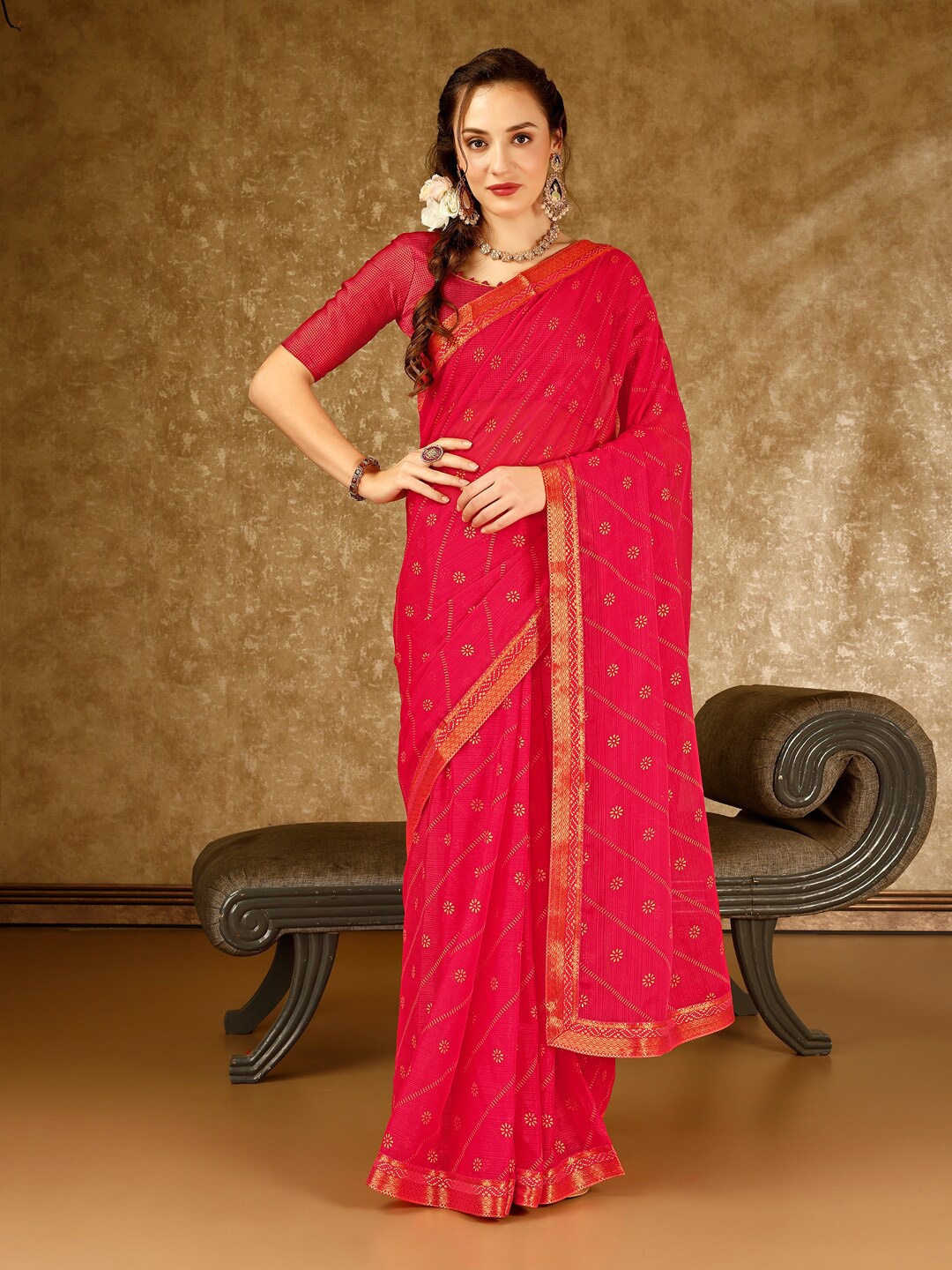

KALINI Floral Printed Pure Chiffon Saree, Pink