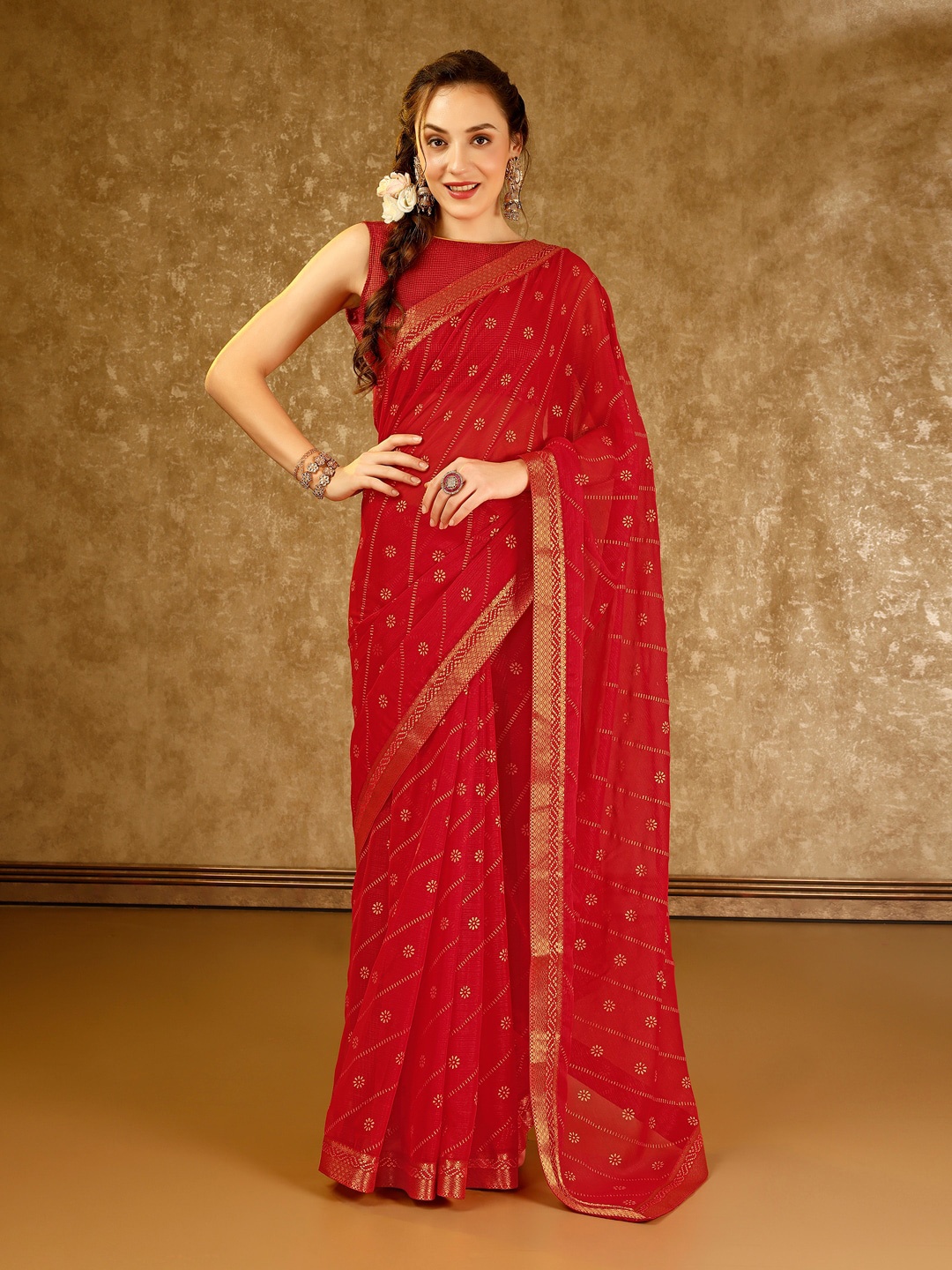 

KALINI Ethnic Motifs Foil Printed Jacquard Pure Chiffon Saree, Red