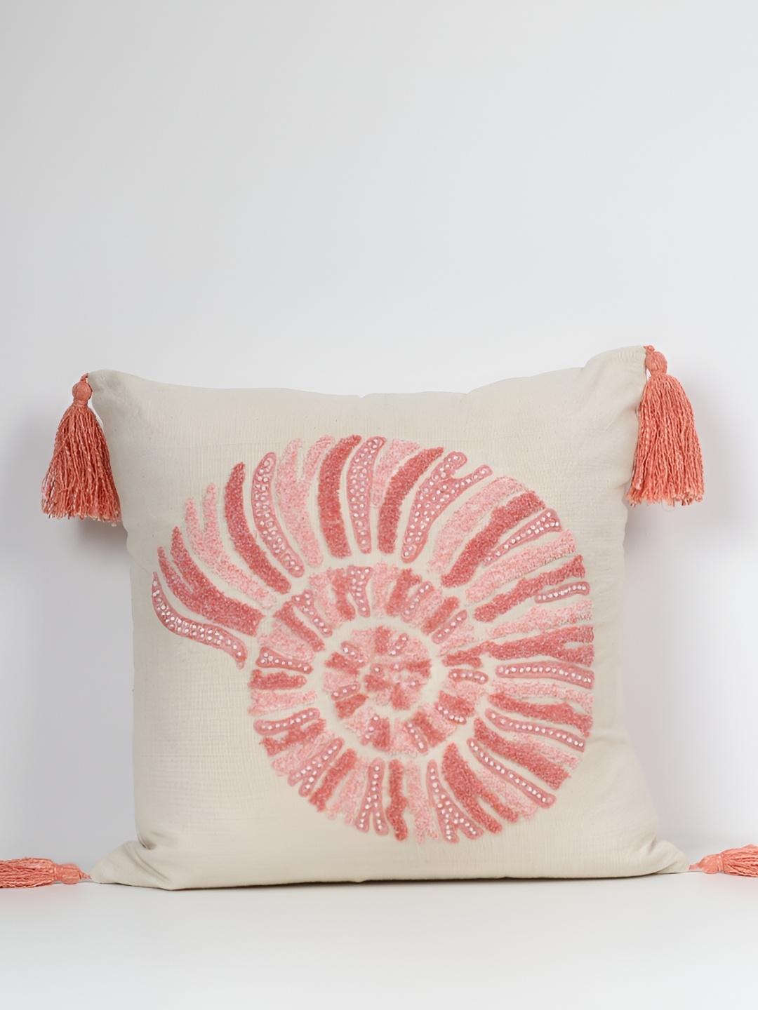 

House of Harkaari Orange & Beige Abstract Embroidered Cotton Square Cushion Covers