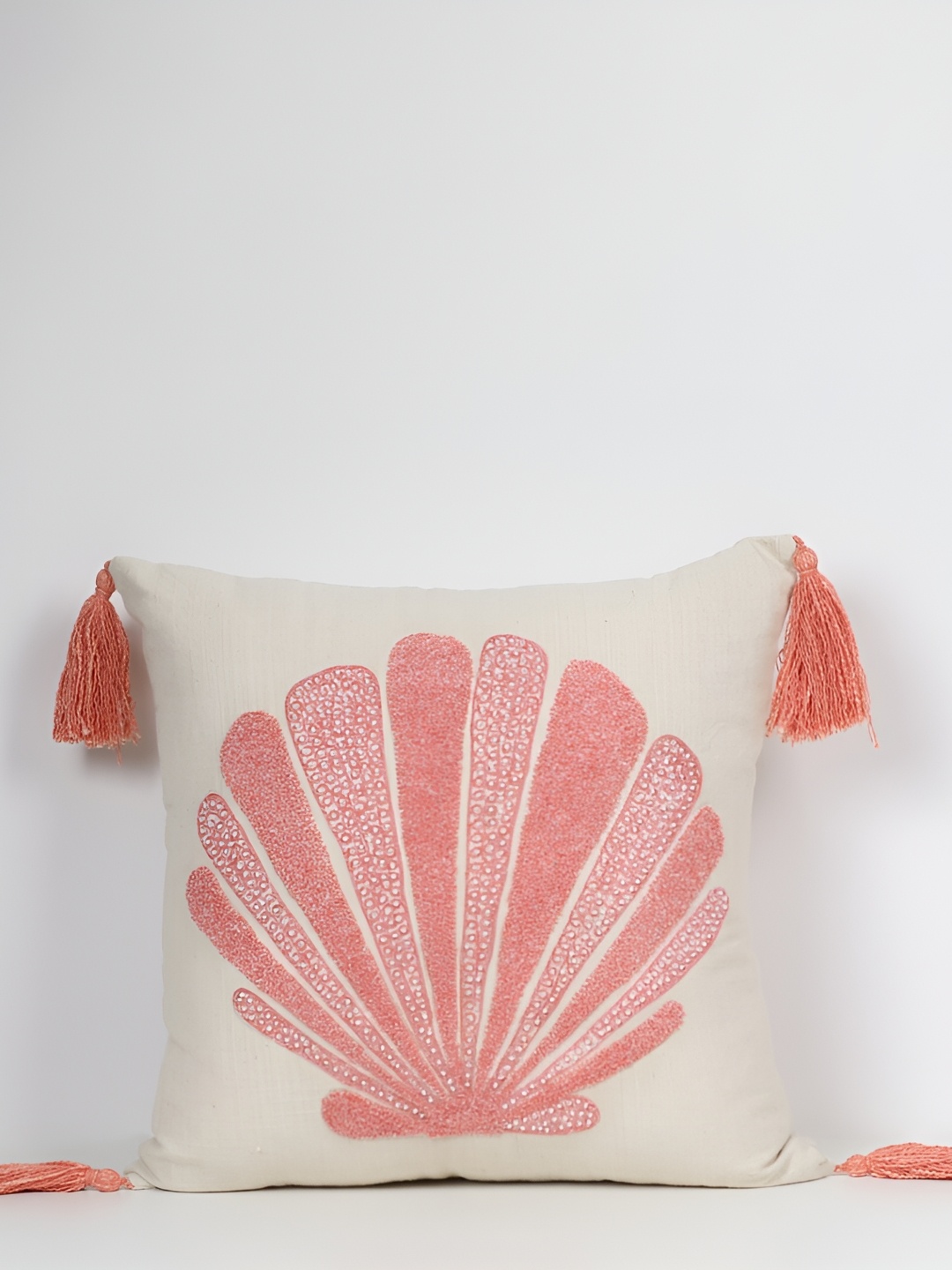 

House of Harkaari Orange & Beige Abstract Embroidered Cotton Square Cushion Covers