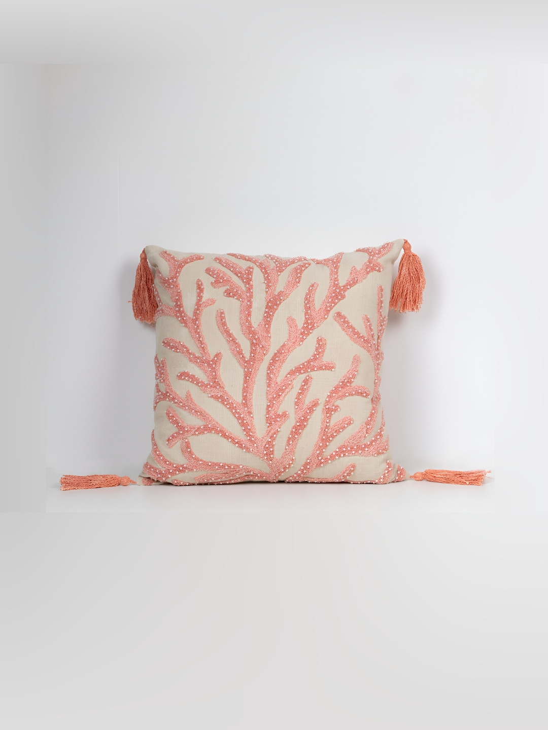

House of Harkaari Orange & Beige Abstract Embroidered Cotton Square Cushion Covers