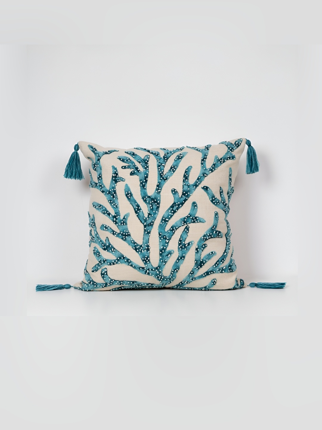 

House of Harkaari Blue & Beige Abstract Embroidered Cotton Square Cushion Covers