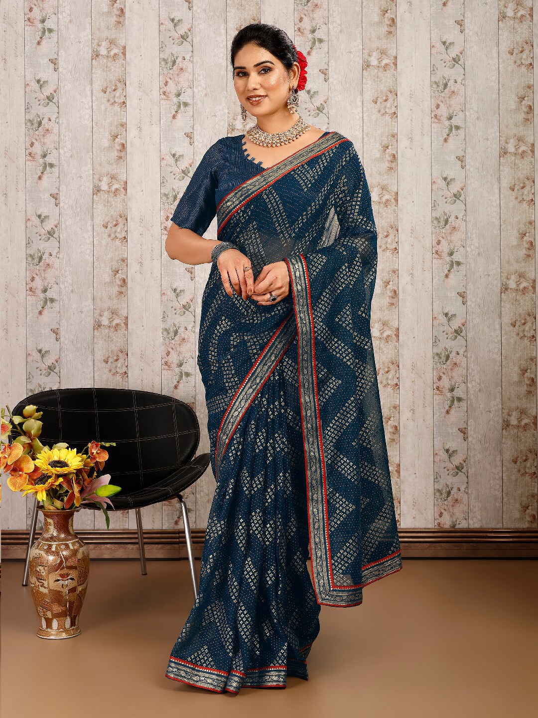 

KALINI Foil Printed Pure Chiffon Saree, Blue
