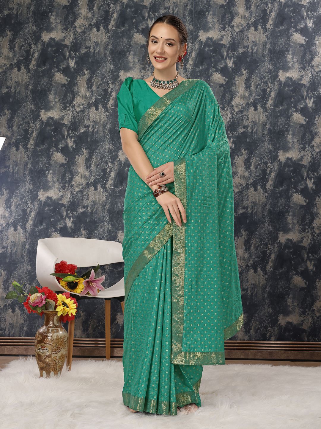

KALINI Floral Printed Pure Chiffon Designer Saree, Sea green