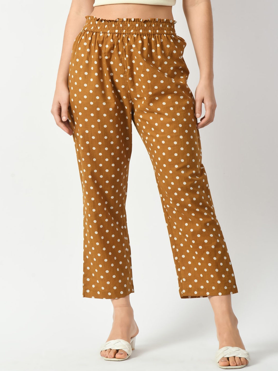 

DECKEDUP Women Polka Dot Printed Cotton Trousers, Mustard