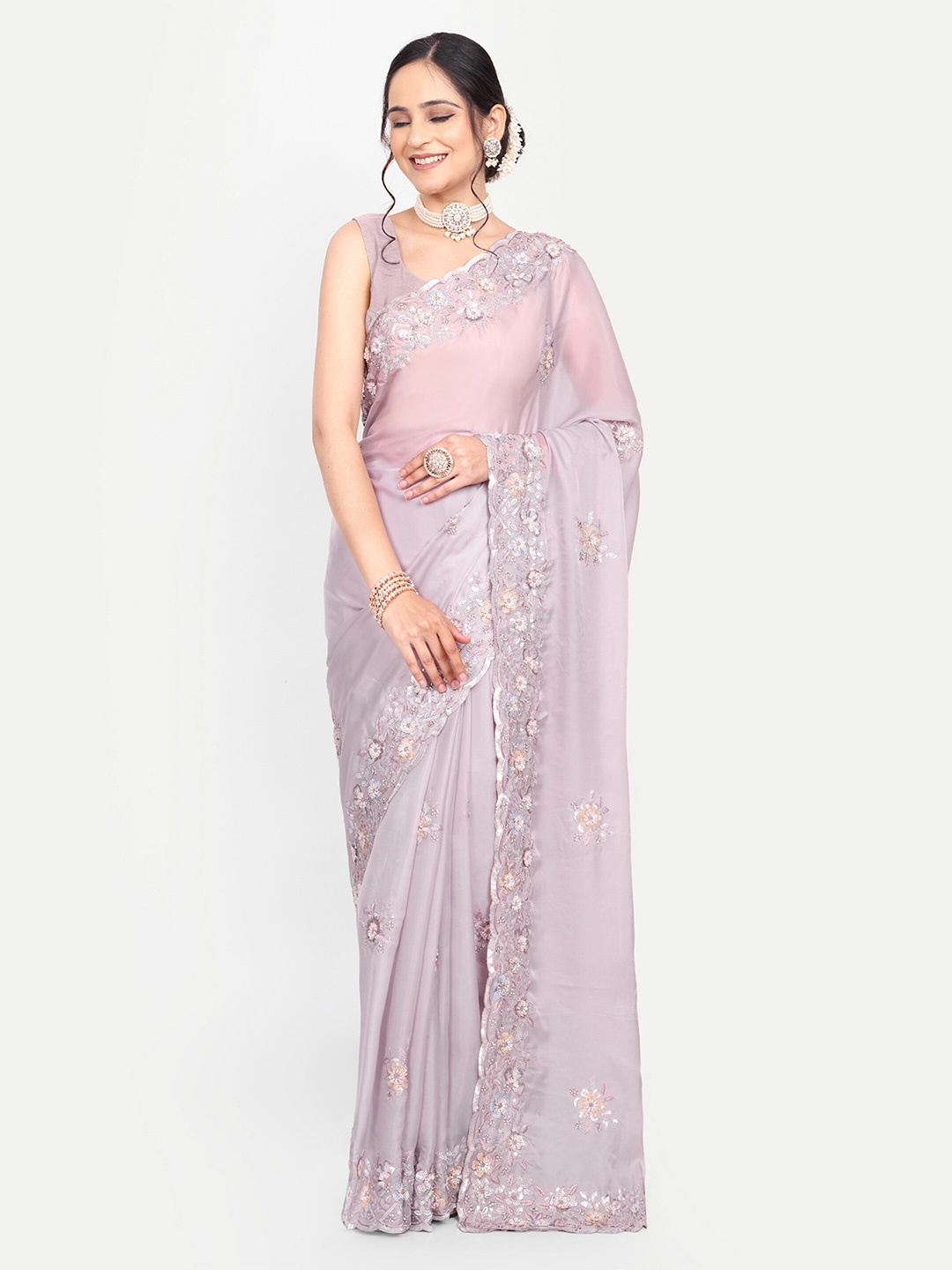 

KALINDI Floral Embroidered Sequinned Tussar Sarees, Purple