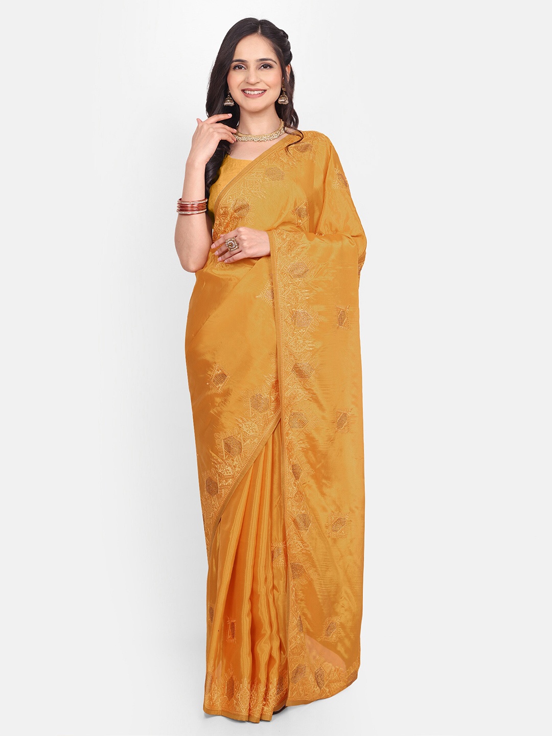 

KALINDI Floral Embroidered Thread Work Tussar Sarees, Yellow
