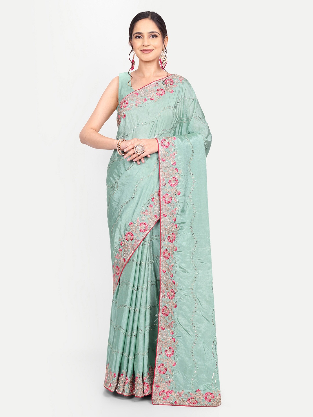 

KALINDI Floral Embroidered Sequinned Sarees, Blue