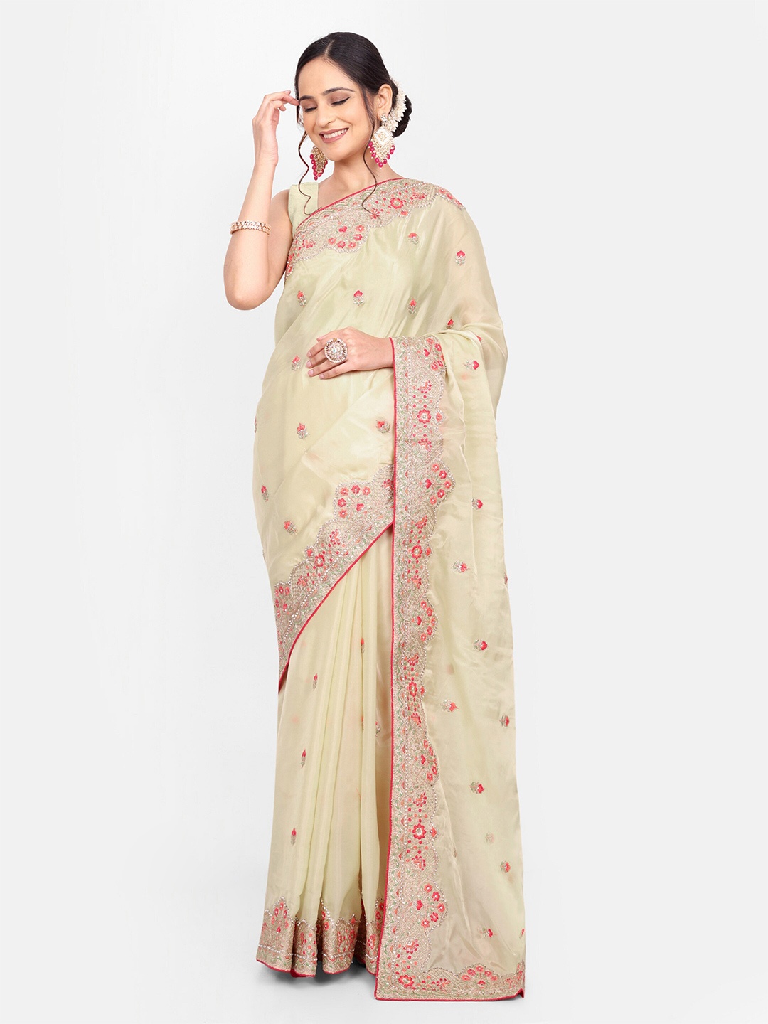 

KALINDI Floral Embroidered Beads & Stones Tussar Sarees, Yellow