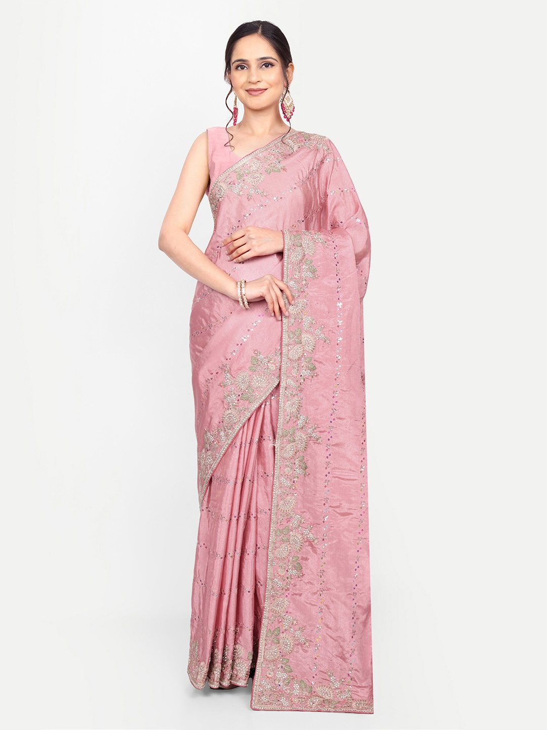 

KALINDI Floral Embroidered Beads & Stones Tussar Sarees, Pink