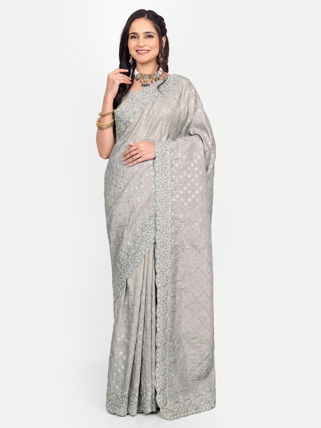 

KALINDI Floral Embroidered Beads & Stones Tussar Sarees, Grey