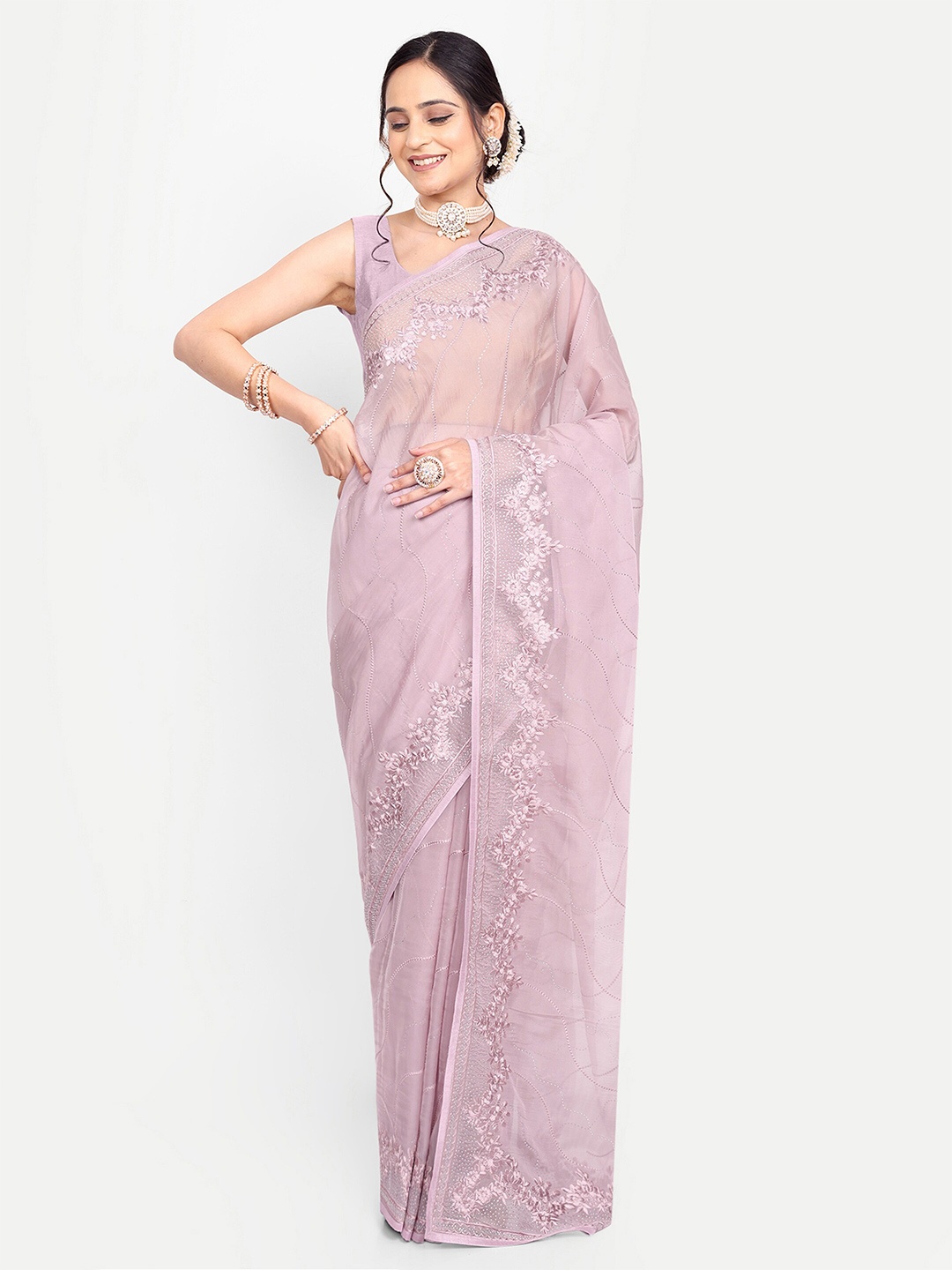 

KALINDI Floral Embroidered Tussar Sarees, Pink