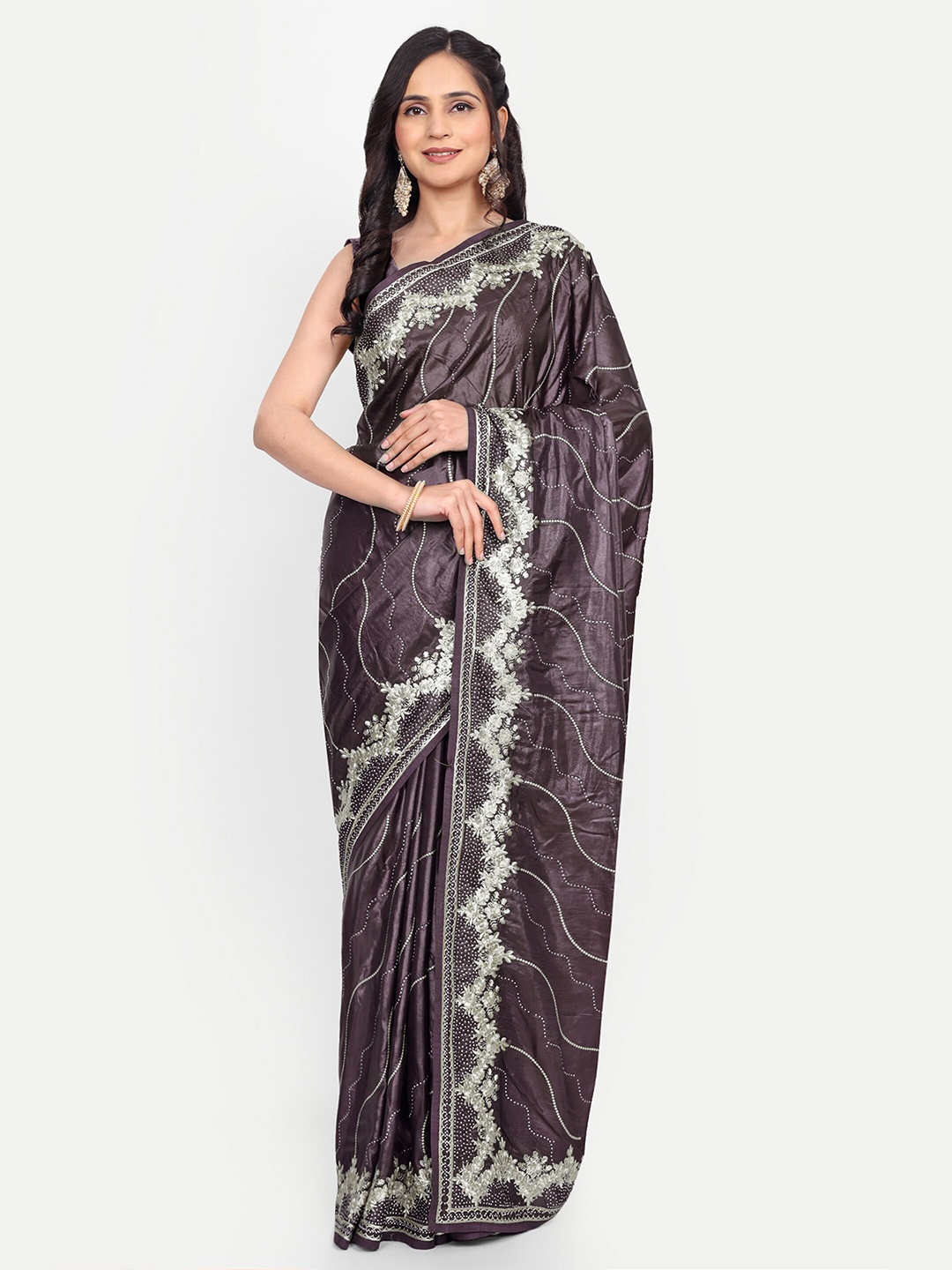 

KALINDI Floral Embroidered Beads & Stones Tussar Sarees, Lavender