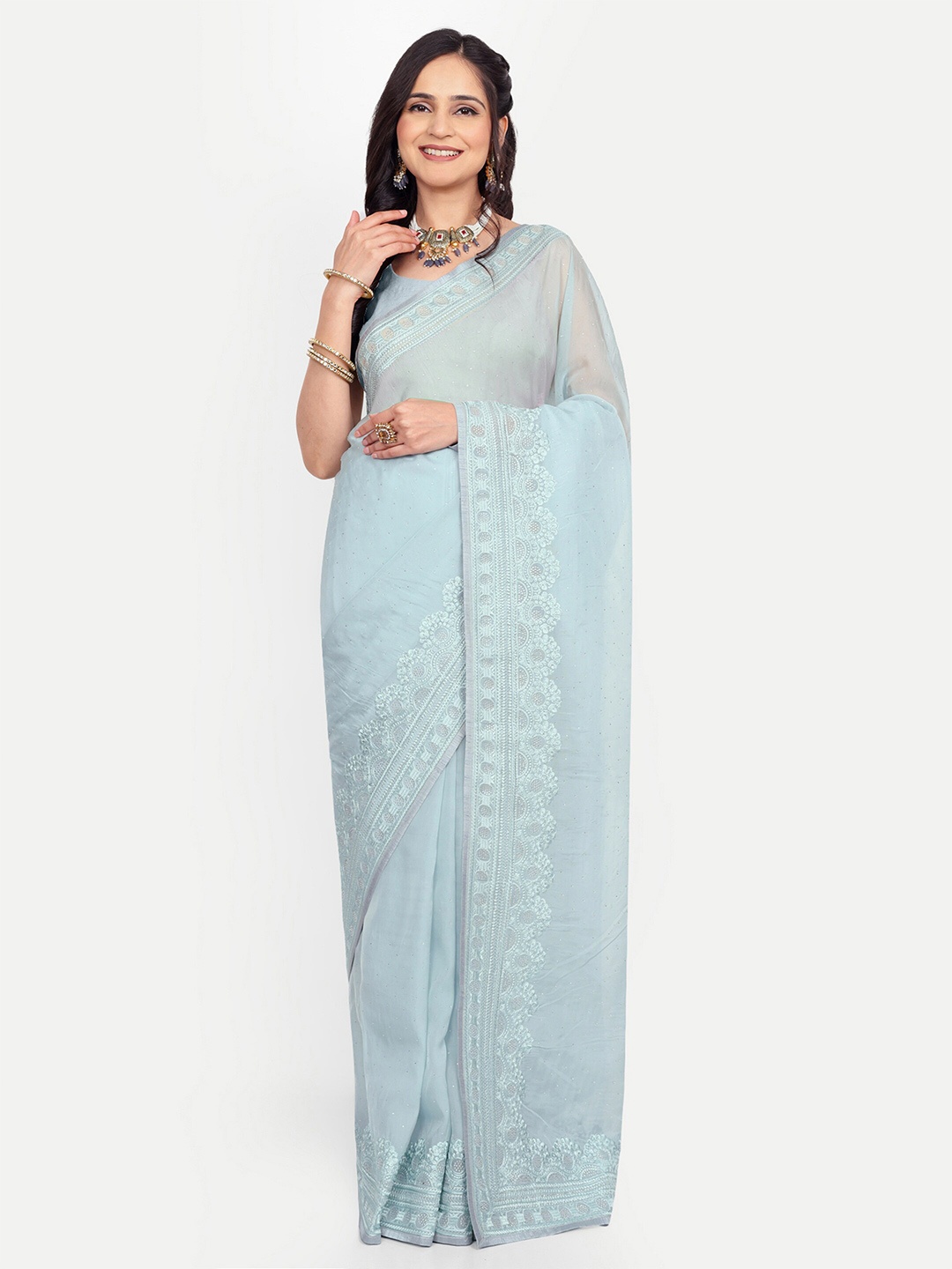 

KALINDI Floral Embroidered Thread Work Sarees, Blue
