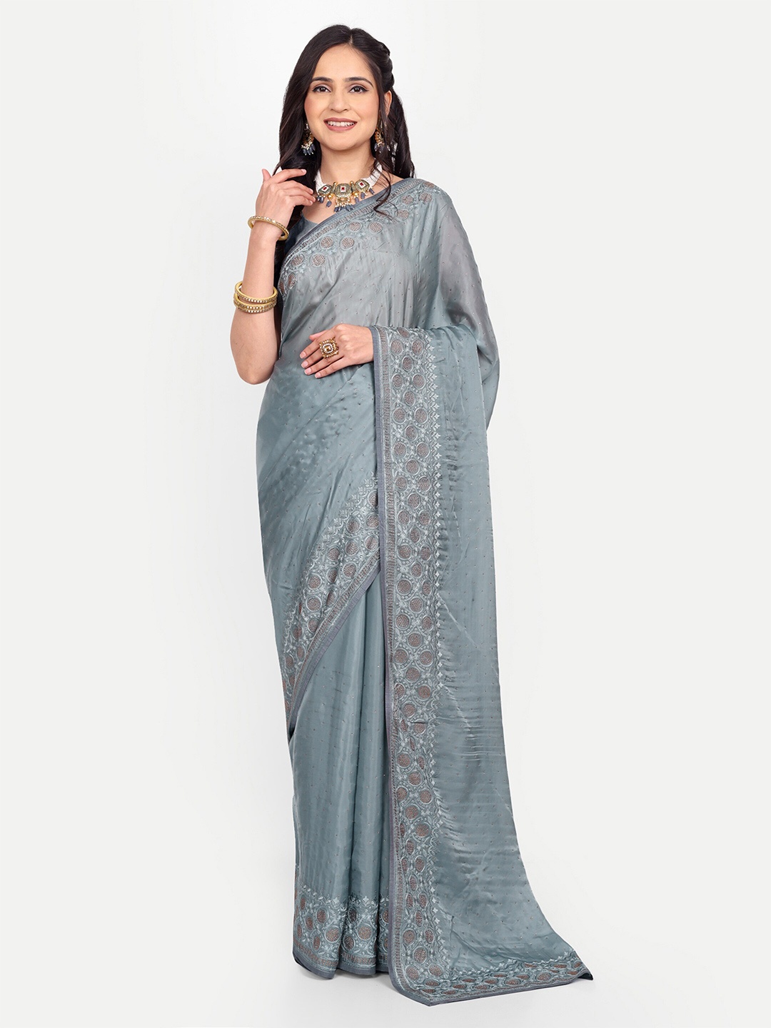 

KALINDI Floral Embroidered Tussar Sarees, Grey