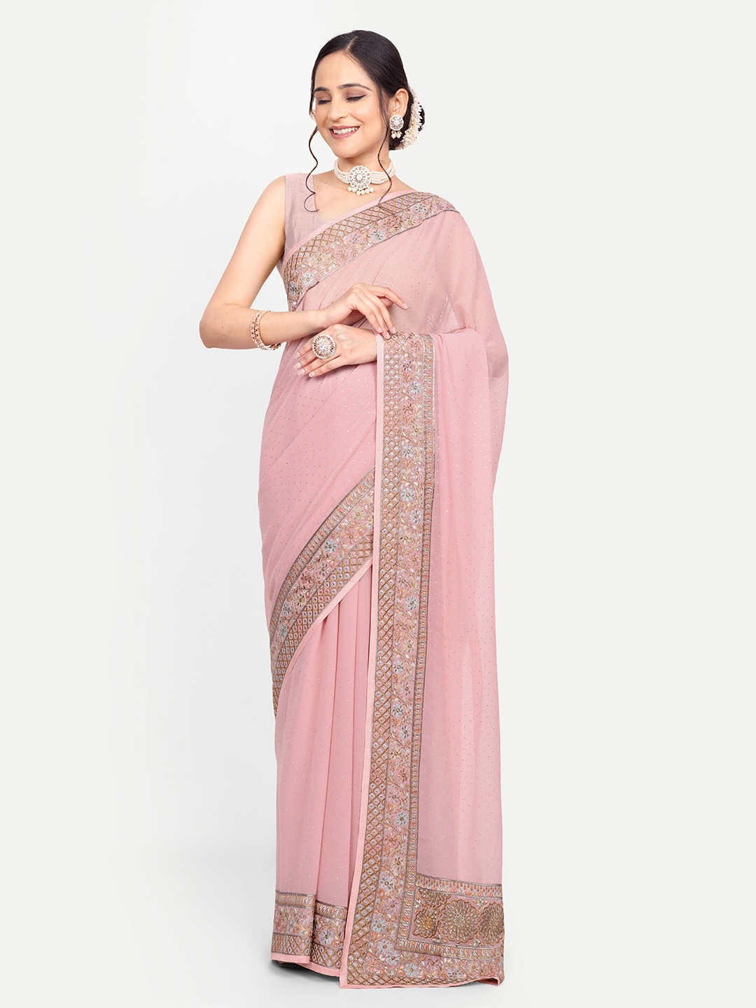 

KALINDI Floral Embroidered Beads & Stones Sarees, Pink