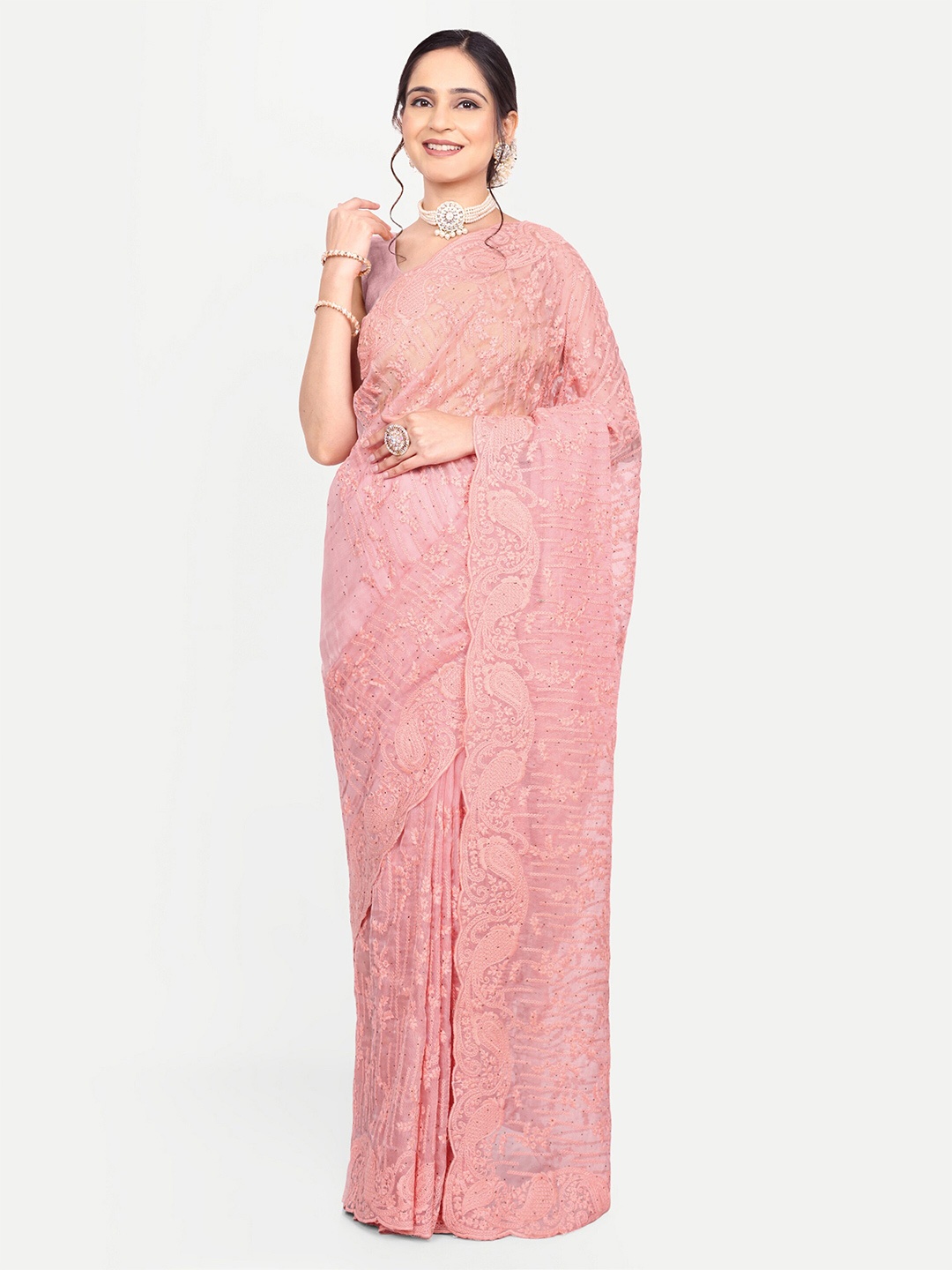 

KALINDI Floral Embroidered Tussar Sarees, Peach