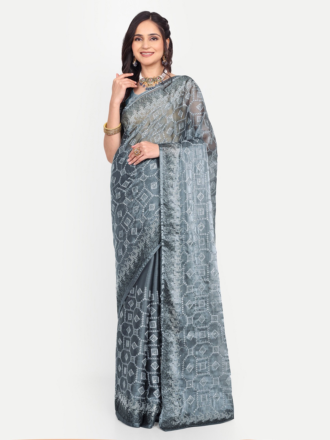 

KALINDI Geometric Embroidered Thread Work Tussar Sarees, Grey