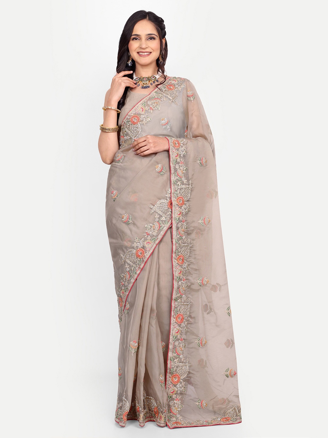 

KALINDI Floral Embroidered Sequinned Organza Sarees, Grey