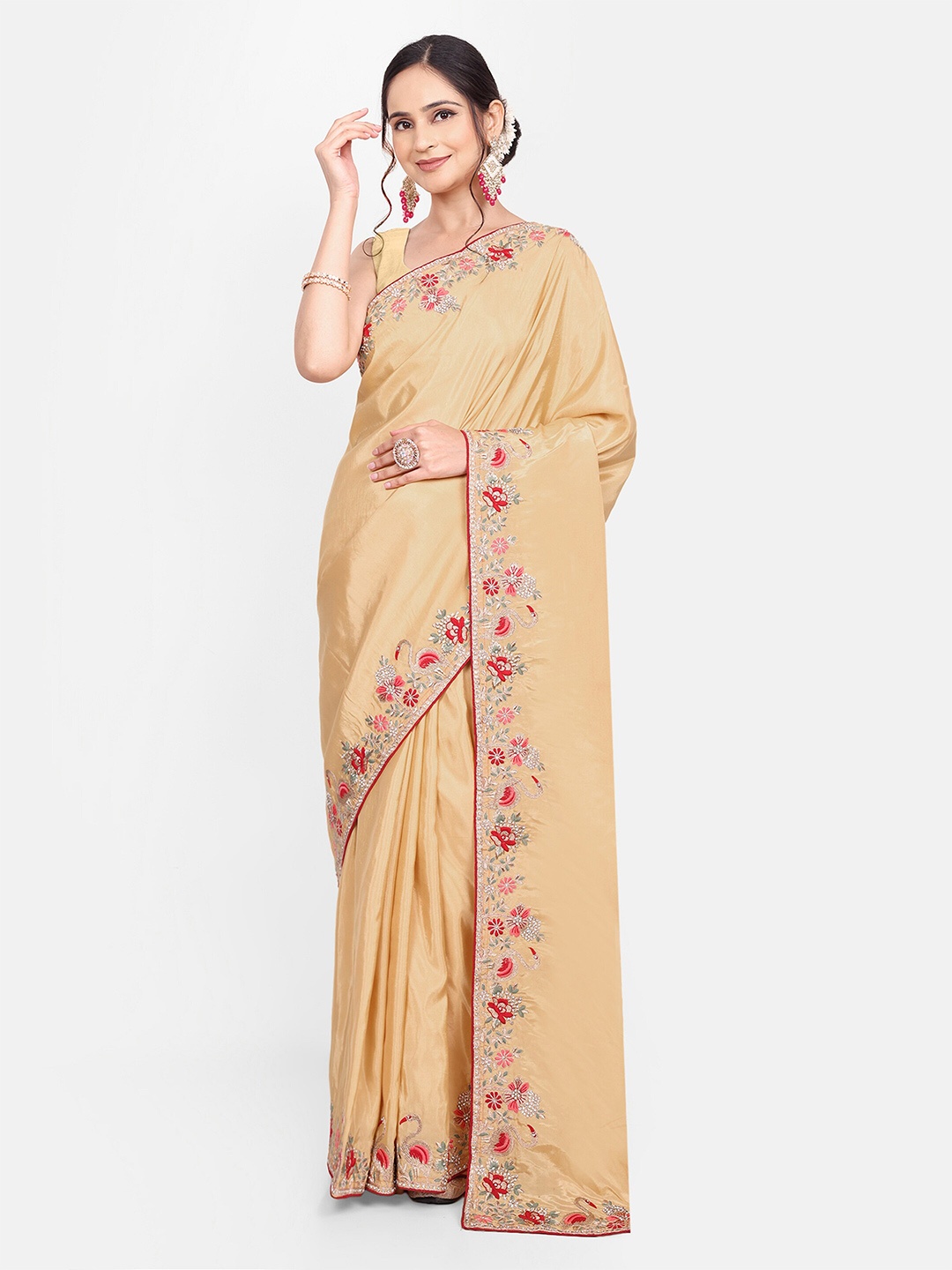 

KALINDI Floral Embroidered Thread Work Satin Tussar Saree, Yellow