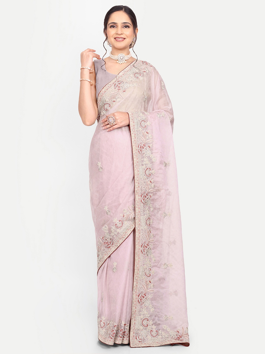 

KALINDI Floral Embroidered Beads & Stones Organza Tussar Saree, Pink