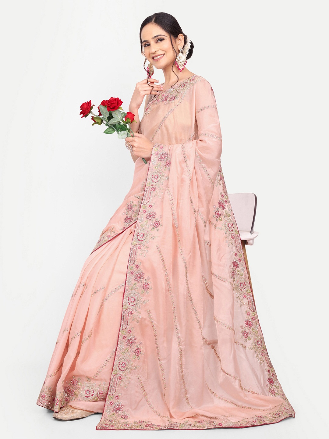 

KALINDI Floral Embroidered Beads & Stones Tussar Saree, Peach