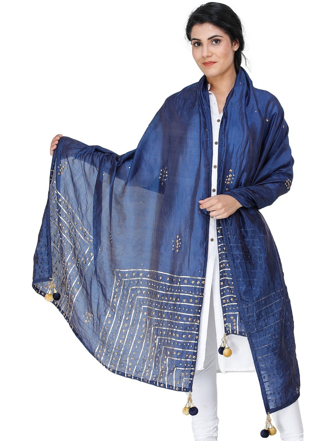 

Exotic India Oceana Silk Dupatta with Gota Patti, Floral Beads and Tassels, Blue