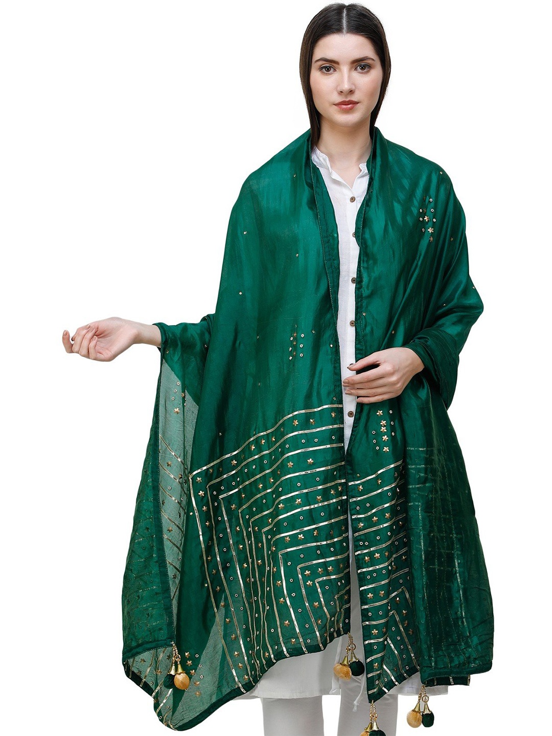 

Exotic India Eden Silk Dupatta with Gota Patti, Floral Beads and Tassels, Green