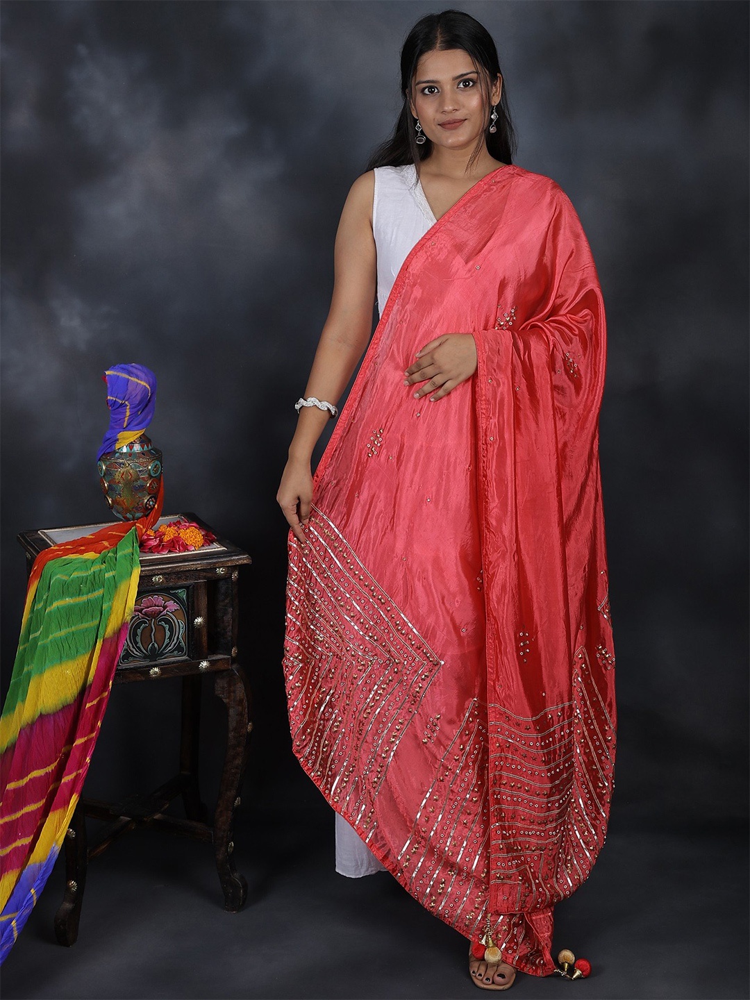 

Exotic India Paradise Pink Silk Dupatta with Gota Patti, Floral Beads and Tassels